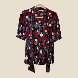 Semantiks Polka Dot Blouse Womens L Red Chic Minimalist Office Tie Neck Puff